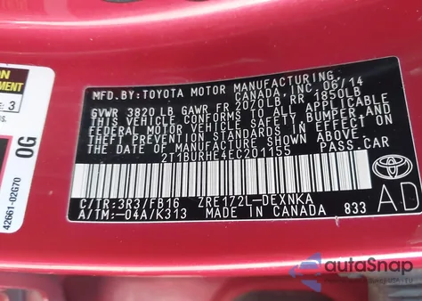 2014 Toyota Corolla Le from USA, damaged, VIN 2T1BURHE4EC201155